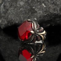 925 Sterling Silver Red Zircon Stone Handmade Men Ring