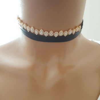 925K Sterling Silver Drop Choker Cz Diamond Black Leather Necklace