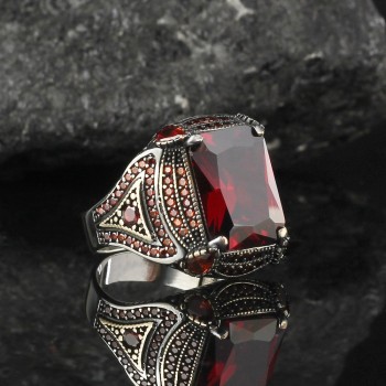 925 Sterling Silver Black Zircon Stone Square Men Ring