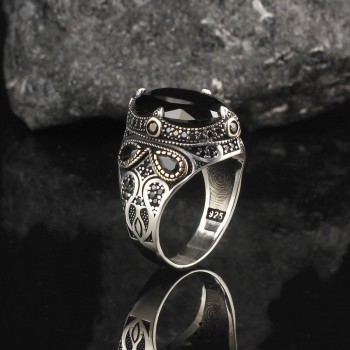 925 Sterling Silver Black Zircon Stone Handmade Men Ring