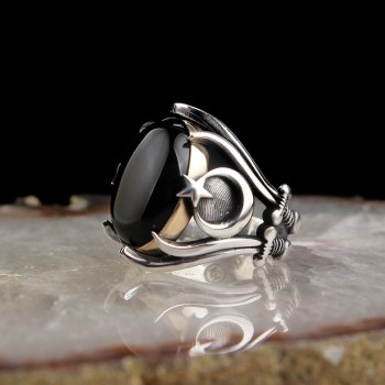 925 Sterling Silver Onyx Stone Ottoman Tugra Men Ring