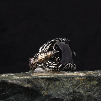 925 Sterling Silver Red Zircon Stone Eagle Square Men Ring 