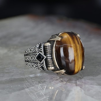 925 Sterling Silver Aqeeq Stone Byzantine Chain Men Ring